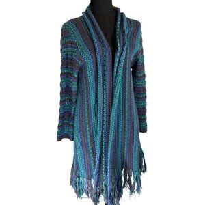 Striped Fringe Cardigan Sweater Womens L By Multiples Blue/Teal